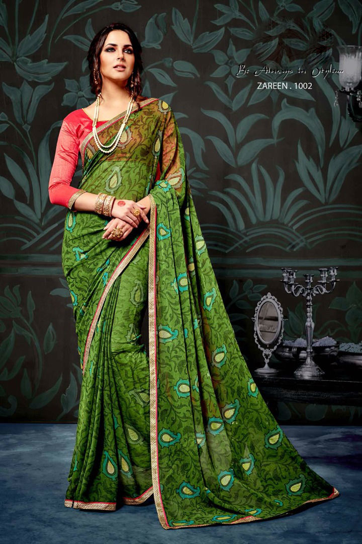 Printed Chiffon Sarees - Chiffon Fabric, Customized Size Up To 42" | Unstitched Banglori Silk Blouse, Elegant Lace Border Work