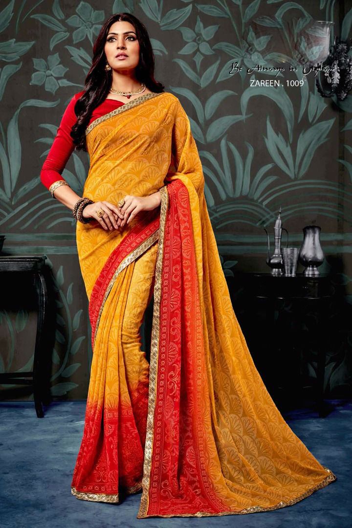 Printed Chiffon Sarees - Chiffon Fabric, Unstitched Blouse In Banglori Silk, Lace Border Work, Customized Size Up To 42" | Designer Elegance