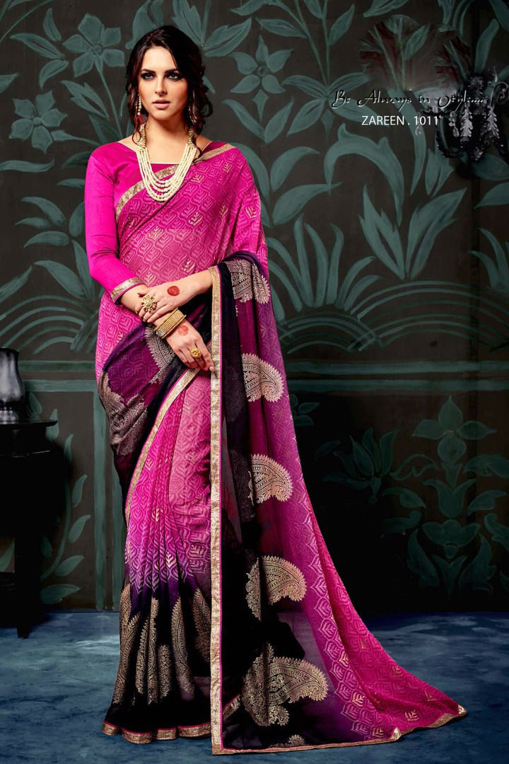 Printed Chiffon Sarees - Chiffon Fabric, Unstitched Blouse In Banglori Silk, Lace Border Work, Customized Size Up To 42" | Designer Elegance