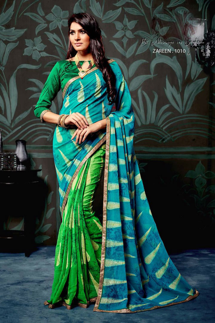 Printed Chiffon Sarees - Chiffon Fabric, Unstitched Blouse In Banglori Silk, Lace Border Work, Customized Size Up To 42" | Designer Elegance