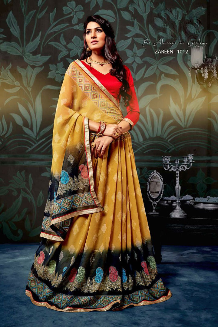 Printed Chiffon Sarees - Chiffon Fabric, Unstitched Blouse In Banglori Silk, Lace Border Work, Customized Size Up To 42" | Designer Elegance