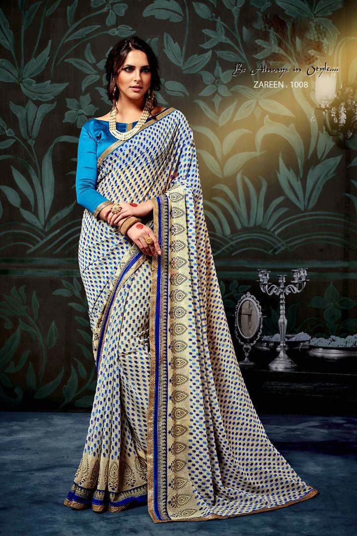 Printed Chiffon Sarees - Chiffon Fabric, Unstitched Blouse In Banglori Silk, Lace Border Work, Customized Size Up To 42" | Designer Elegance