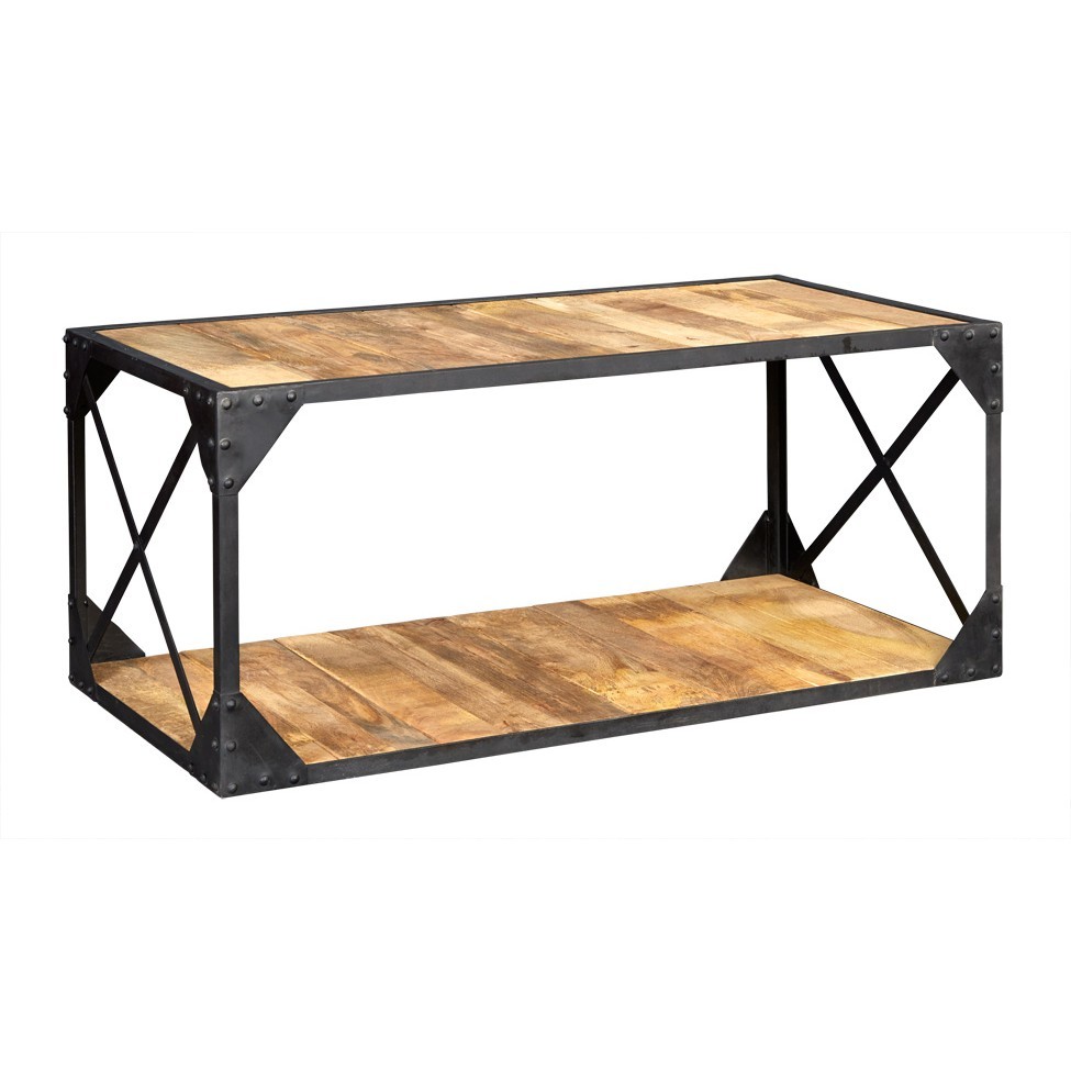 Coffee Table - Solid Wood And Iron Construction, 110x60x50 Cm, Brown | Handmade, Eco-friendly, Uv Resistant, Water Resistant, Industrial Vintage Style