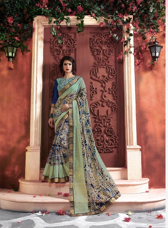 Hand Printed Sarees - Poly Cotton Fabric, Customized Size Up To 42", Unstitched Banglori Silk Blouse, Designer Print And Embroidery