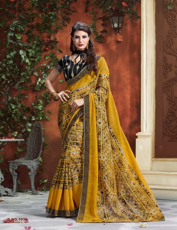 Poly Cotton Sarees - Poly Cotton With Banglori Silk Blouse, Hand Printed Designer Saree In Customized Size Up To 42"