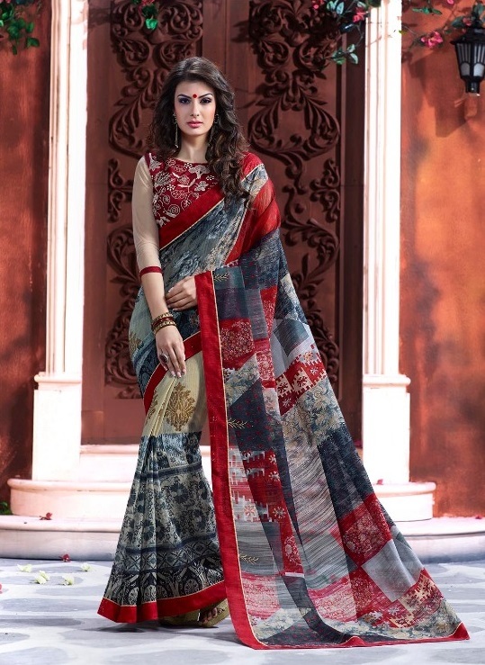 Poly Cotton Sarees - Poly Cotton With Banglori Silk Blouse, Hand Printed Designer Saree In Customized Size Up To 42"