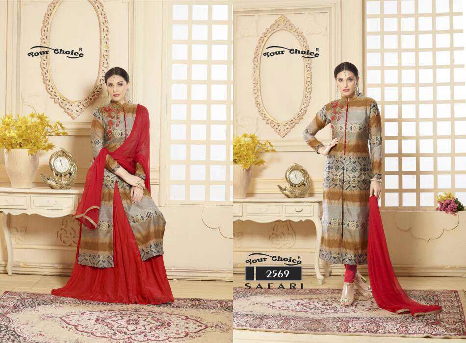 Safari Salwar Suit - Glace Cotton Top With Embroidery, Lawn Cotton Bottom, Banglori Skirt, Nazneen Dupatta With Lace Border, Full Sleeve Design, Customizable Size, Breathable & Anti-wrinkle Features