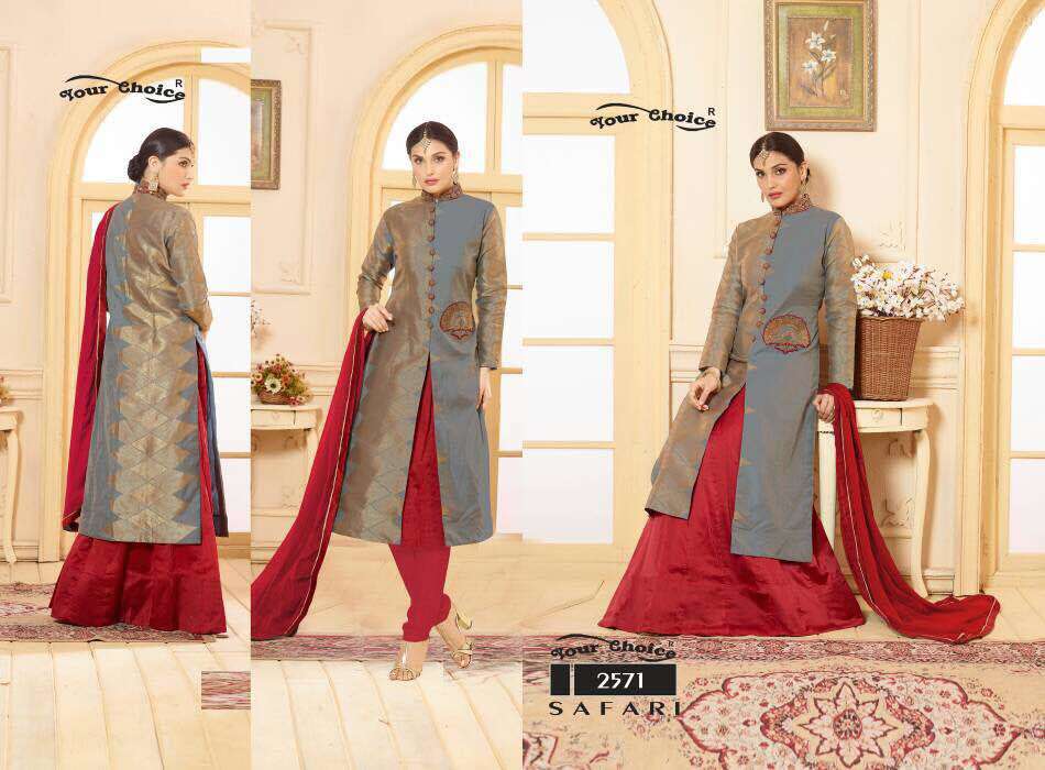 Safari Salwar Suit - Glace Cotton Top With Embroidery, Lawn Cotton Bottom, Banglori Skirt, Nazneen Dupatta With Lace Border, Full Sleeve Design, Customizable Size, Breathable & Anti-wrinkle Features