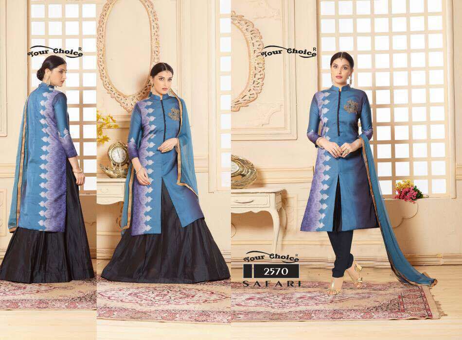 Safari Salwar Suit - Glace Cotton Top With Embroidery, Lawn Cotton Bottom, Banglori Skirt, Nazneen Dupatta With Lace Border, Full Sleeve Design, Customizable Size, Breathable & Anti-wrinkle Features