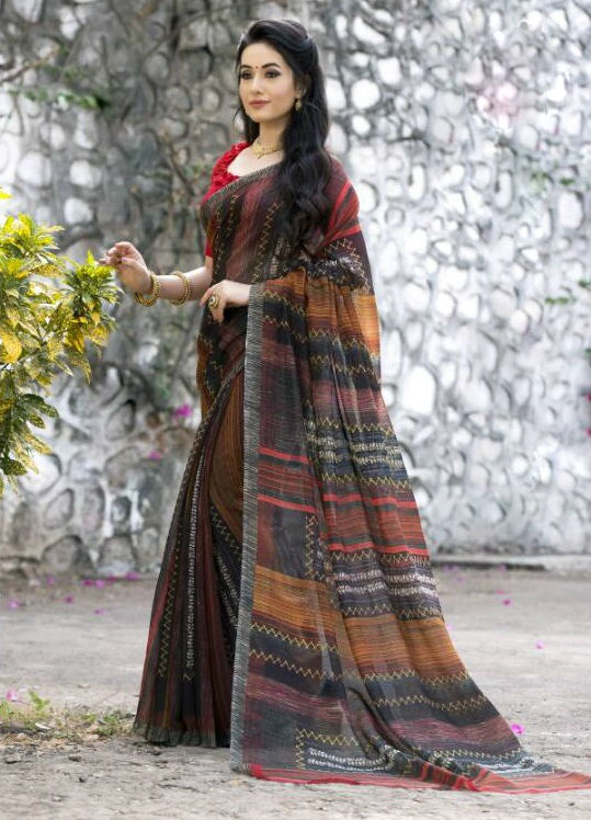 Georgette Printed Sarees Catalog 2007-2017 - Pure Georgette, 5.5mtr Length, 80cm Blouse | Multicolor, Stylish Bollywood Pattern For Formal Occasions