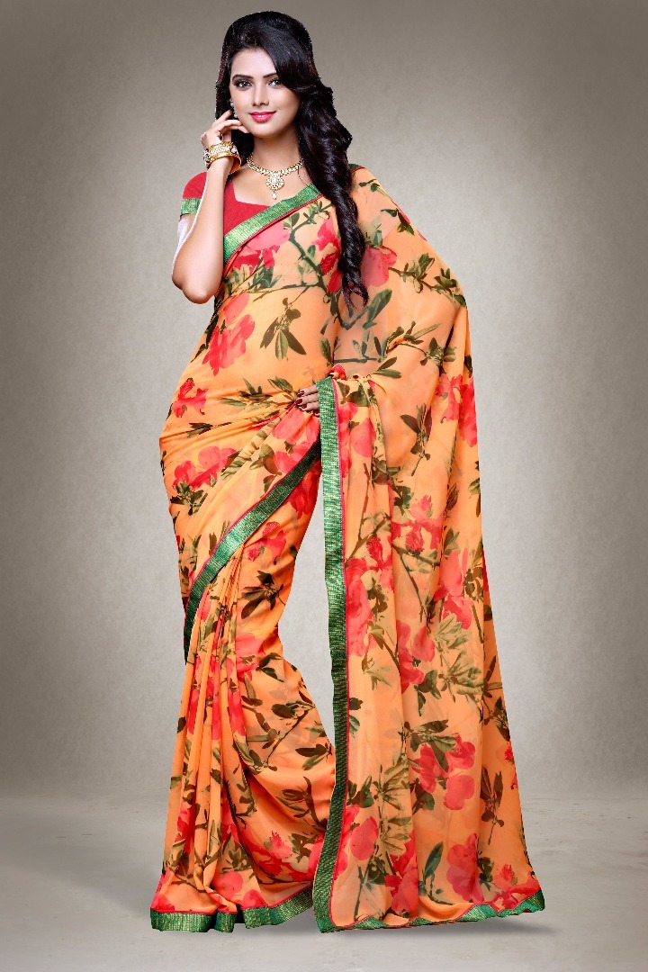 Georgette Printed Sarees Catalog 2007-2017 - Pure Georgette, 5.5mtr With 80cm Blouse | Multicolour, Bollywood Style For Formal Occasions