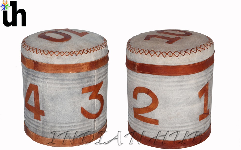 Indian Hub Stool - Retro Canvas And Leather | Rounded Design, 100% Cotton Fabric, 45x36 Cm