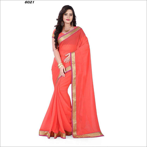 Georgette Plain Red Saree