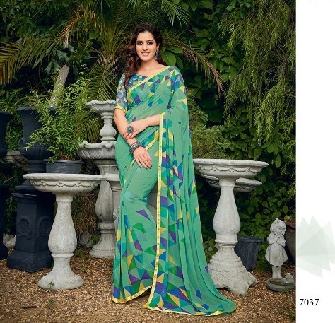 Designer Georgette Saree - Customized Up To Size 42 | Printed Fabric With Matching Blouse