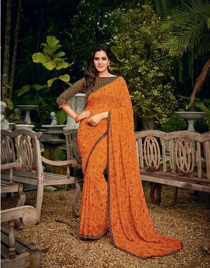 Designer Georgette Saree - Customized Up To Size 42 | Printed Fabric With Matching Blouse
