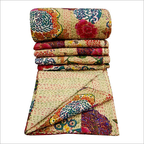 100% कपास कंबल पुष्प मोटिफ बेज HOME DECOR कन्था