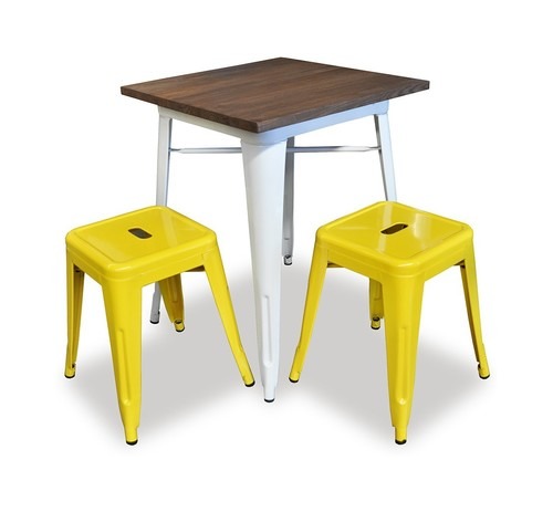 Metal and Wood Cafe Table Set - 30x24x24 inches Table, 18x12x12 inches Stool | Polished Finish, White and Yellow Color, Rectangular Shape