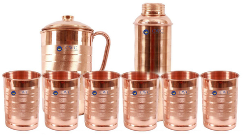 कॉपर सिल्वर टच 1 पीचर, 6 ग्लास कप, 1 पानी की बोतल