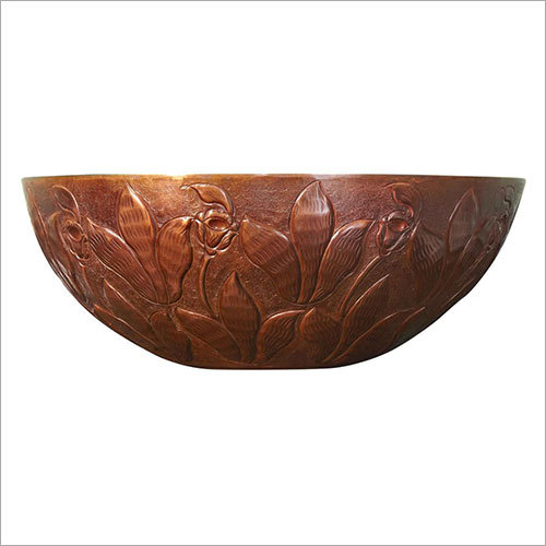 Tulip Double Wall Copper Vessel Sink - Solid 16-Gauge Copper, 16" Diameter x 6" Height, Antique Copper Color, Leafy Design, Deep 6" Basin