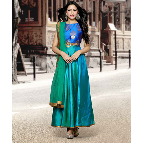Ladies Designer Suits - Silk, Floor Length , Blue Sleeveless with Round Neck, Elegant Embroidered Party Wear