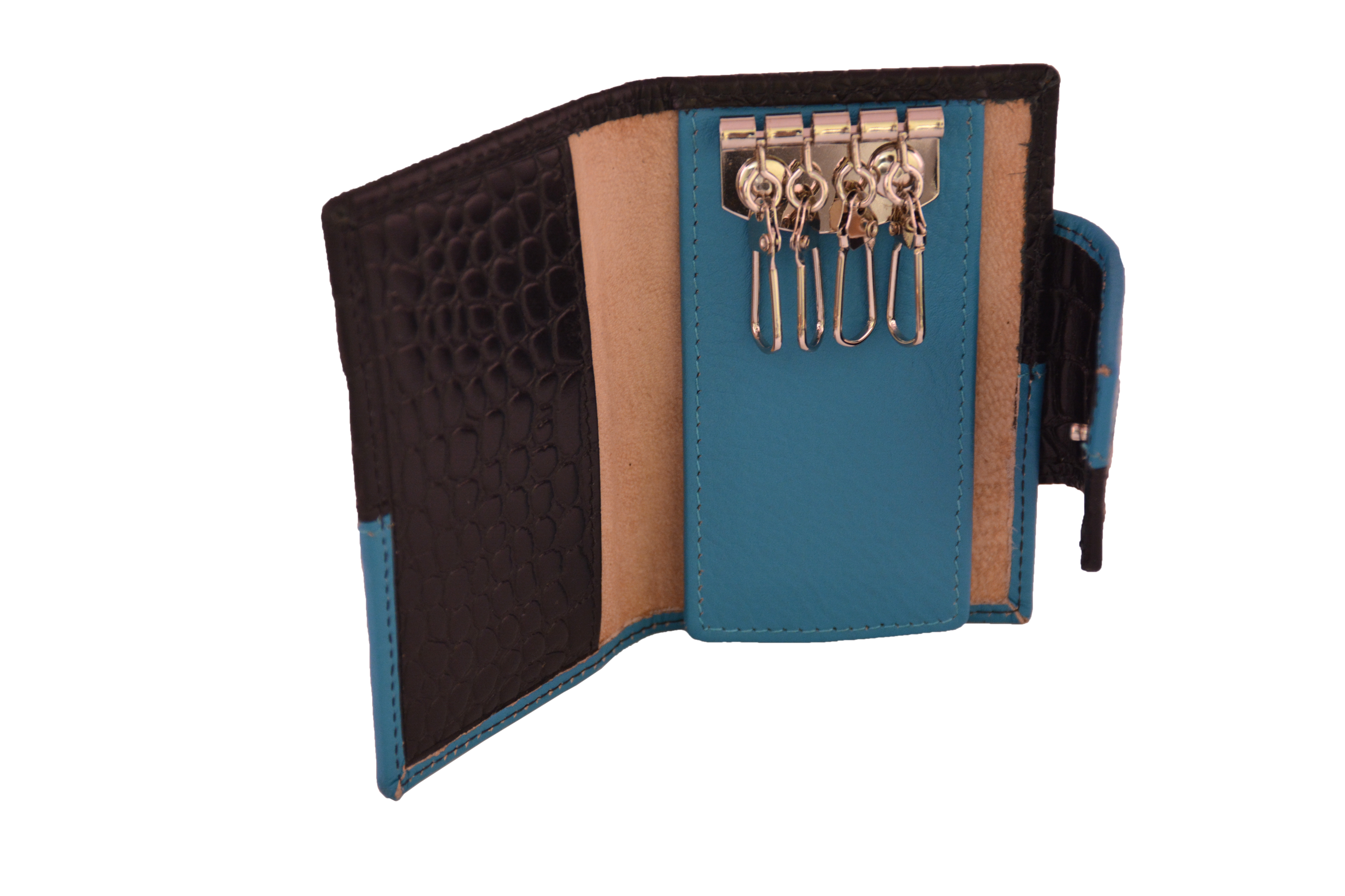 Leather Key Case - Genuine Leather, W=6.5cm, H=9.5cm, T=1.5cm | Sea Blue & Black, 4 Stainless Steel Key Holders, Magnet Lock
