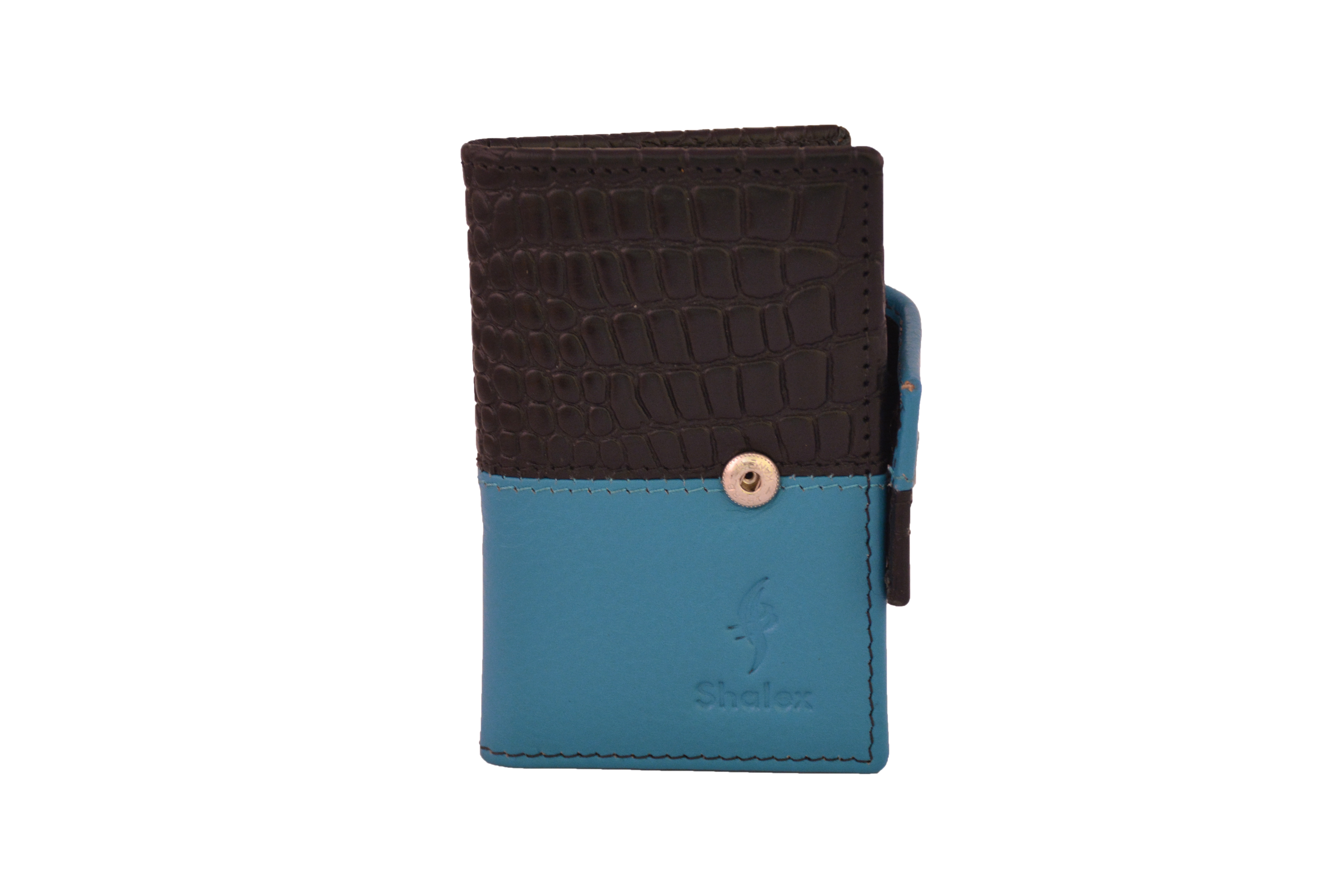 Leather Key Case - Genuine Leather, W=6.5cm, H=9.5cm, T=1.5cm | Sea Blue & Black, 4 Stainless Steel Key Holders, Magnet Lock
