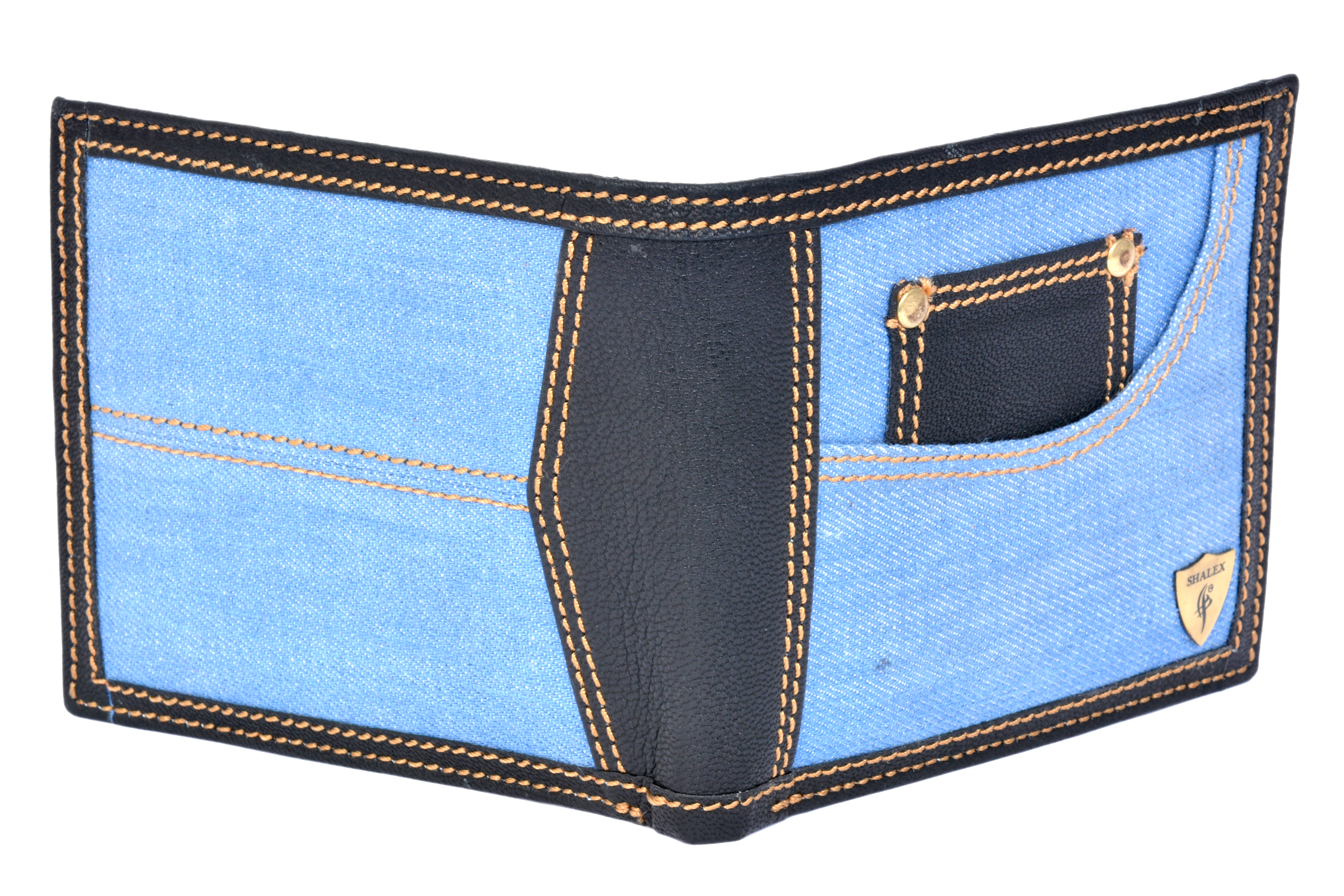 Jeans Upper Leather Wallet - Genuine Leather, 10cm X 11.5cm X 1.5cm, Black & Denim Blue | Lightweight, Unique Design, Multiple Pockets For Cash And Cards