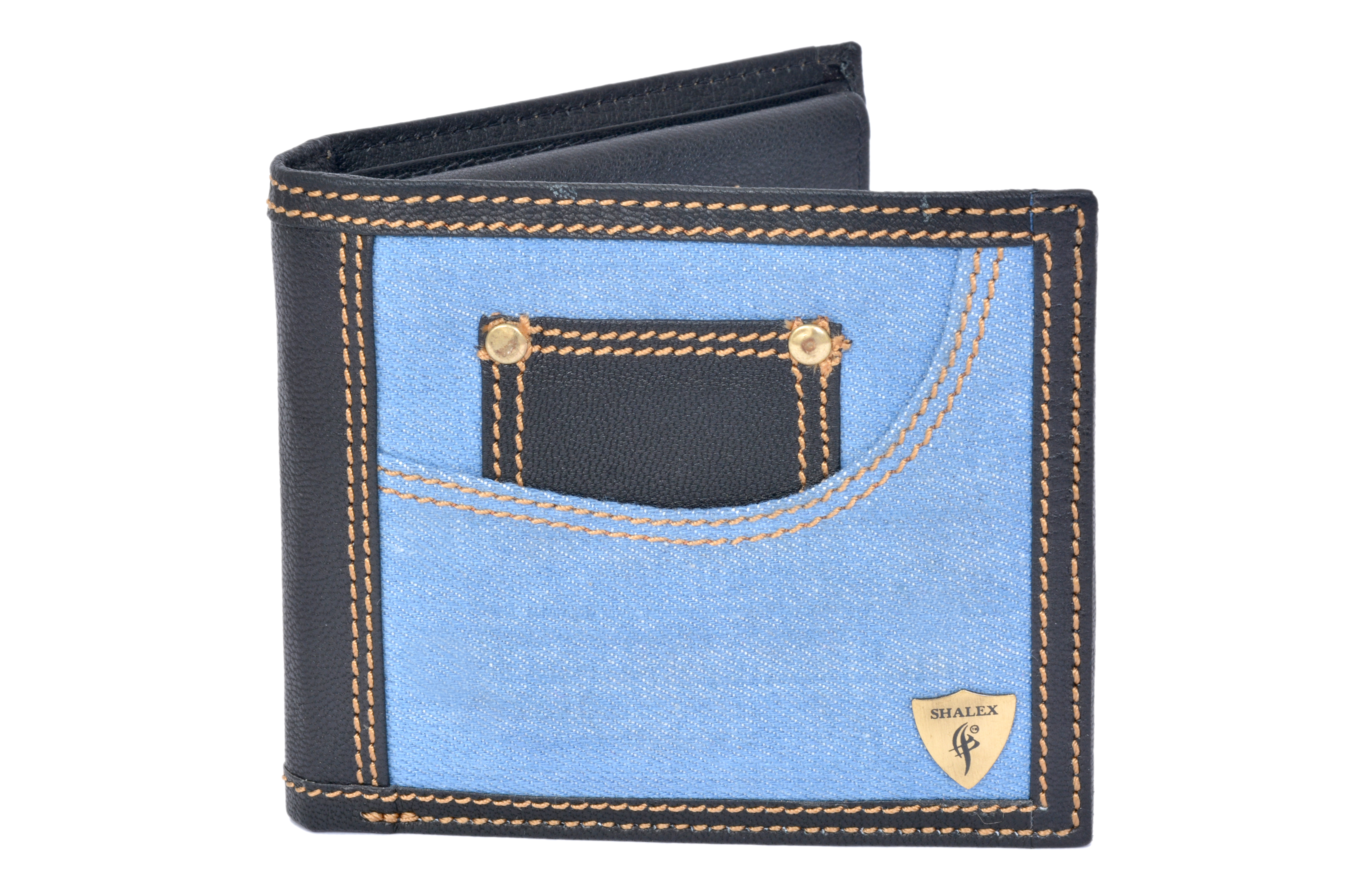 Jeans Upper Leather Wallet - Genuine Leather, 10cm X 11.5cm X 1.5cm, Black & Denim Blue | Lightweight, Unique Design, Multiple Pockets For Cash And Cards