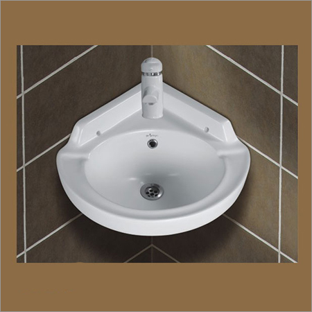 Corner Wash Basin - Ceramic, 14 x 11 Inches Oval Shape | Wall Mounted, One Piece Design, Polished Finish, Lightweight 7-10 kg