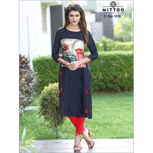 Rayon Digital Prints Kurtis - A-Line Style, 3-4th Sleeve, Custom Sizes | Red and Blue Colors, Machine Washable, Perfect for All Seasons