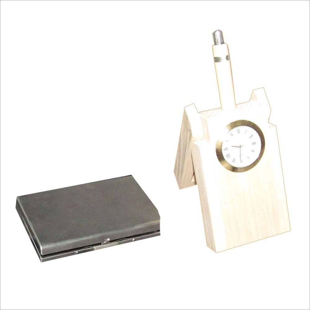 Wooden Pen Stand With Clock