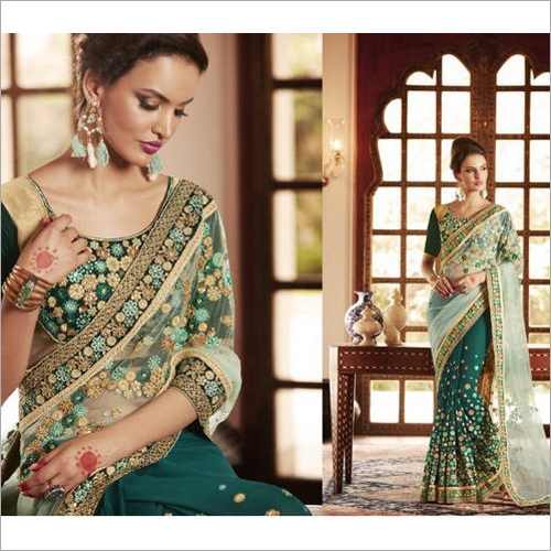 Green And Yellow Wedding Net Saree