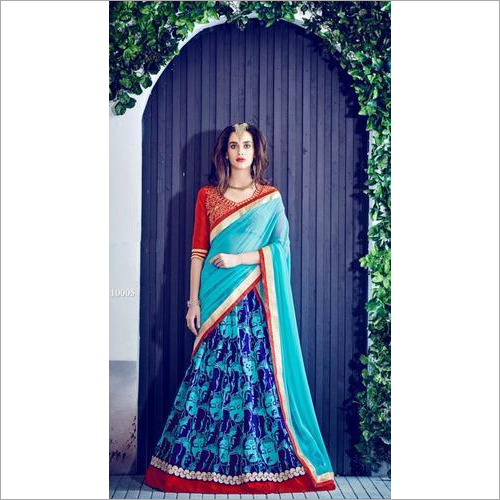 Blue And Sky Blue Floral Printed Lehenga