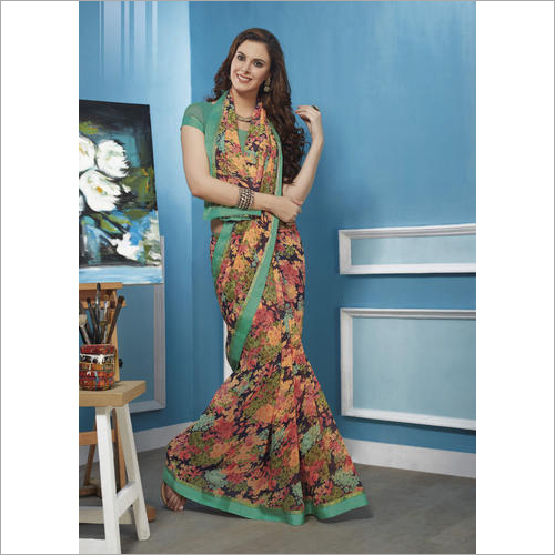 Green Floral Printed Saree