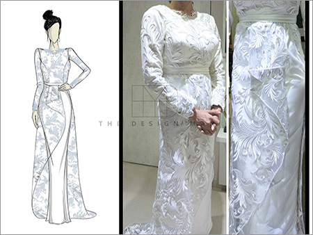 Wedding Gown - Lace, Floor-length, Column Silhouette, White Color | Skin-friendly, Comfortable Fabric, Elegant Design, Intricate Pattern, Long Sleeves, Superb Finish