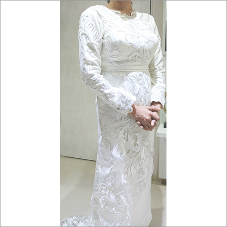 Wedding Gown - Lace, Floor-length, Column Silhouette, White Color | Skin-friendly, Comfortable Fabric, Elegant Design, Intricate Pattern, Long Sleeves, Superb Finish