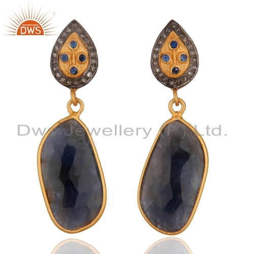 Blue Sapphire Gemstone Pave Diamond Earring