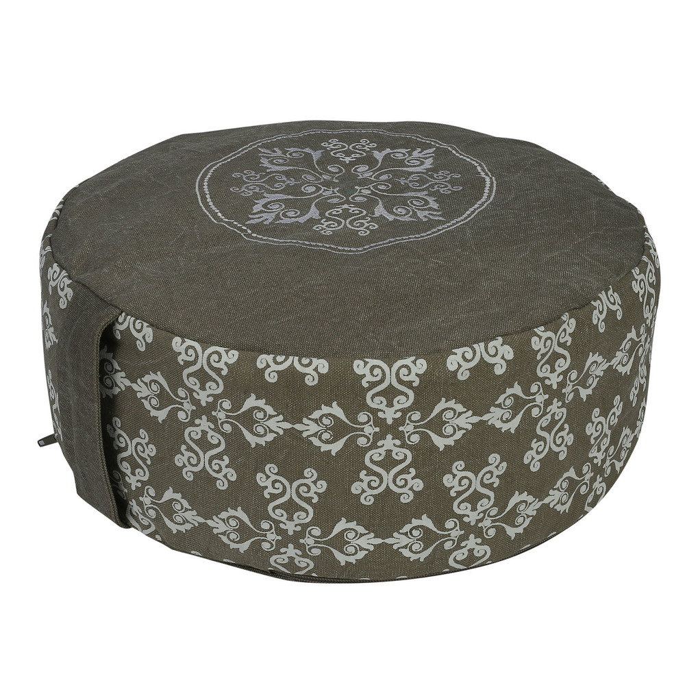 Meditation Cushion - 100% Cotton Twill, 36x15 cm Round Zafu Pillow | Features Zip Closure, Embroidered Pattern, Multiple Filling Options