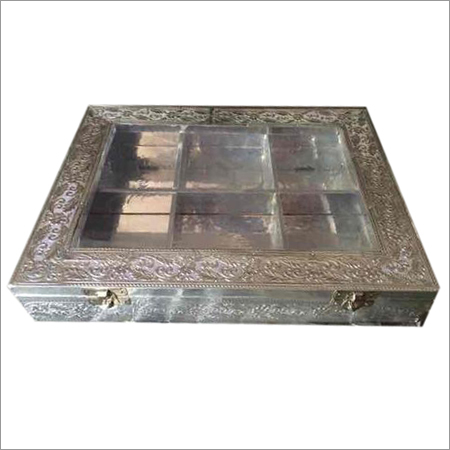 Chocolate Box - Wooden, 12x8x4 Inches | Silver Polished Finish, Hinge Closure, 6 Compartments, Stylish Design