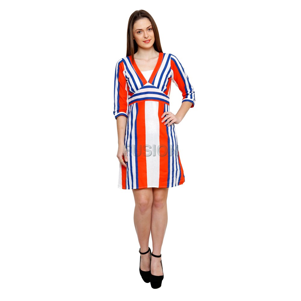 Women'S Cotton Printed Striped A-Line Dress