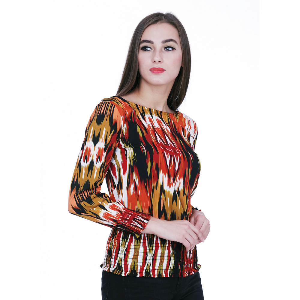 Ladies Printed Top - Polyester Material, Multicolor Slim Fit | Long Sleeves, Round Neck, Casual Wear