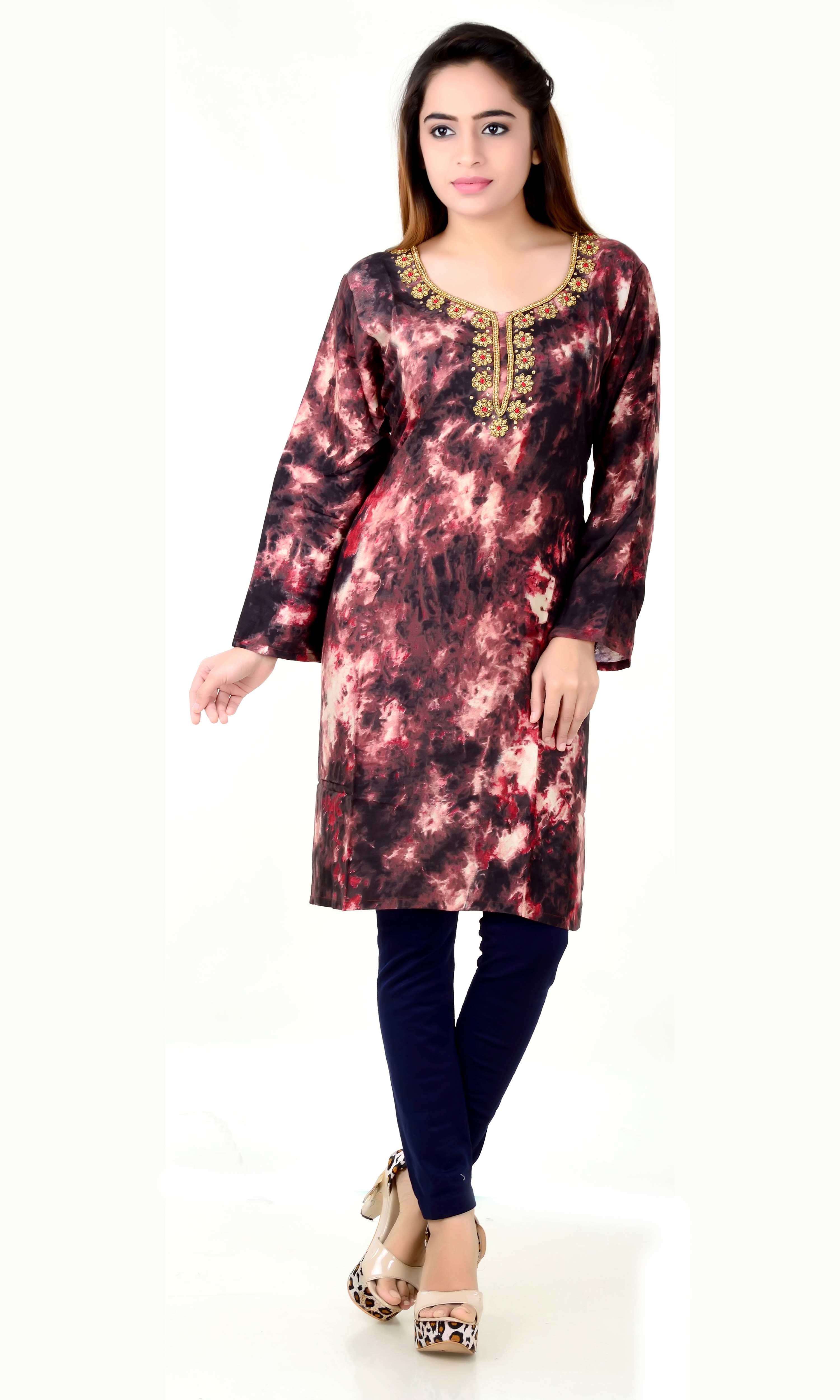 Heavy Printed Kurtis - Rayon Pure Fabric, Long Sleeves, Beaded Pattern, Breathable And Cool Dry For All Seasons