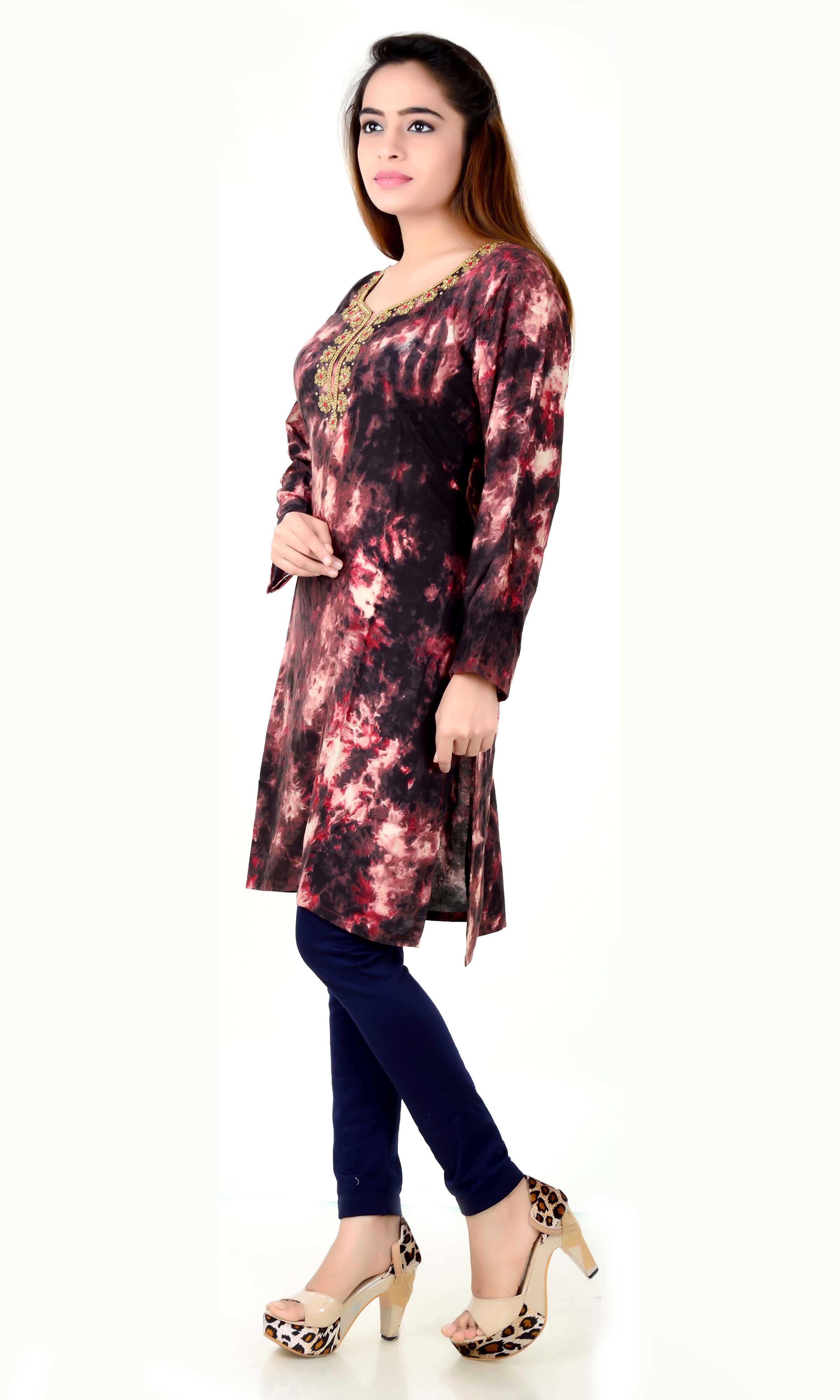 Heavy Printed Kurtis - Rayon Pure Fabric, Long Sleeves, Beaded Pattern, Breathable And Cool Dry For All Seasons