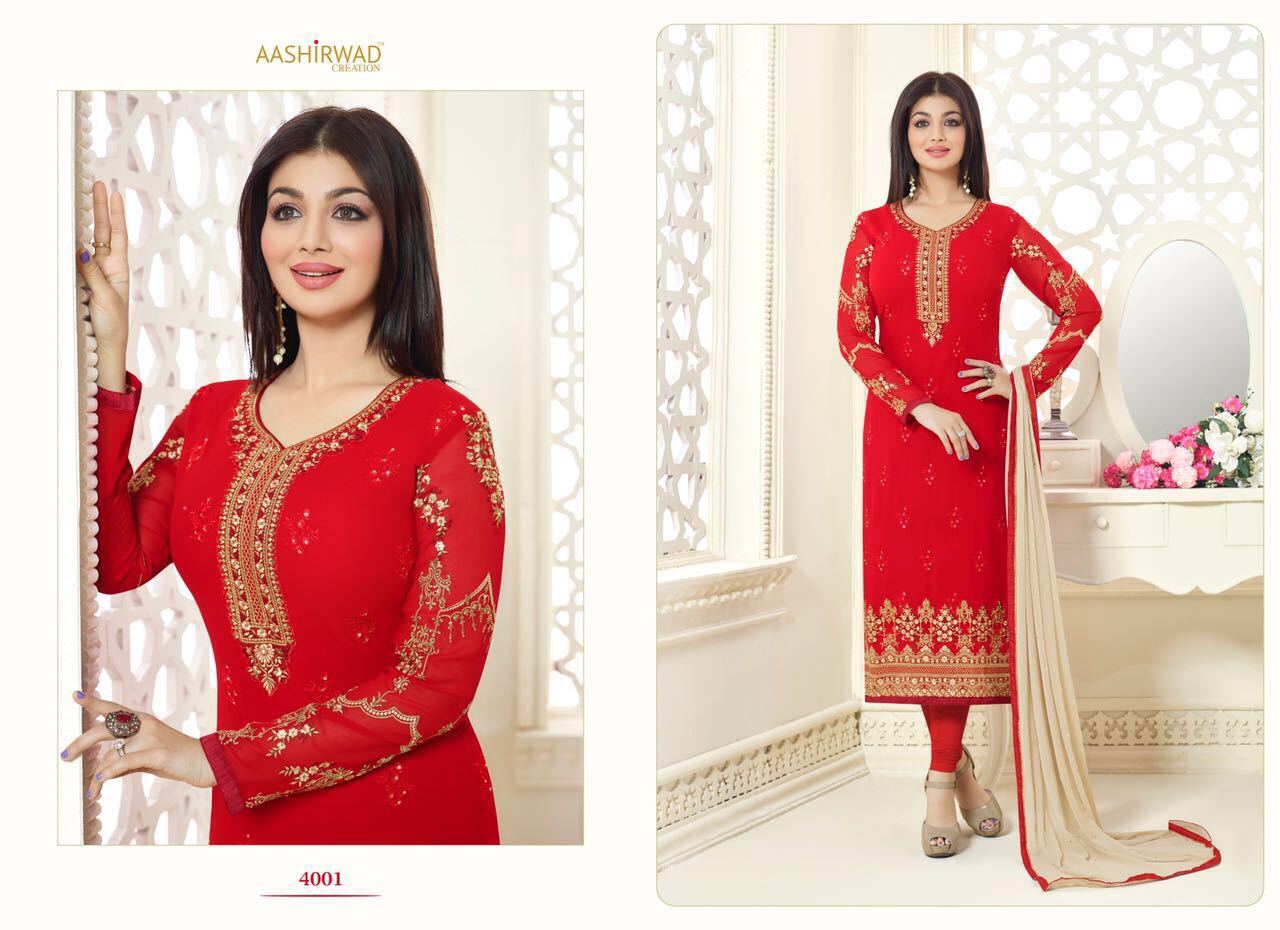 Salwar Suit - Pure Georgette Top, Dull Santoon Bottom & Inner, Red Color, Nazneen Dupatta | Elegant Design, Comfortable Fit, Stylish Look