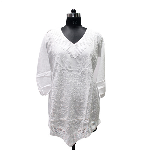 Cotton Embroidered Makdi Jaal White Long Kurti