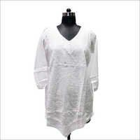 Cotton Embroidered Makdi Jaal White Long Kurti