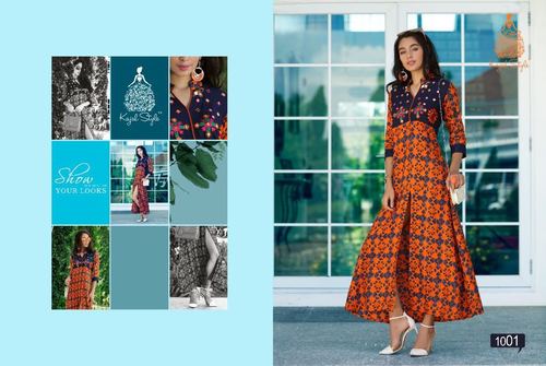 Digital Printed Kurti - Rayon, Customized Sizes from XXS to XXXL, Yellow and Blue | Long Sleeve, Ethnic, Washable Daily Wear