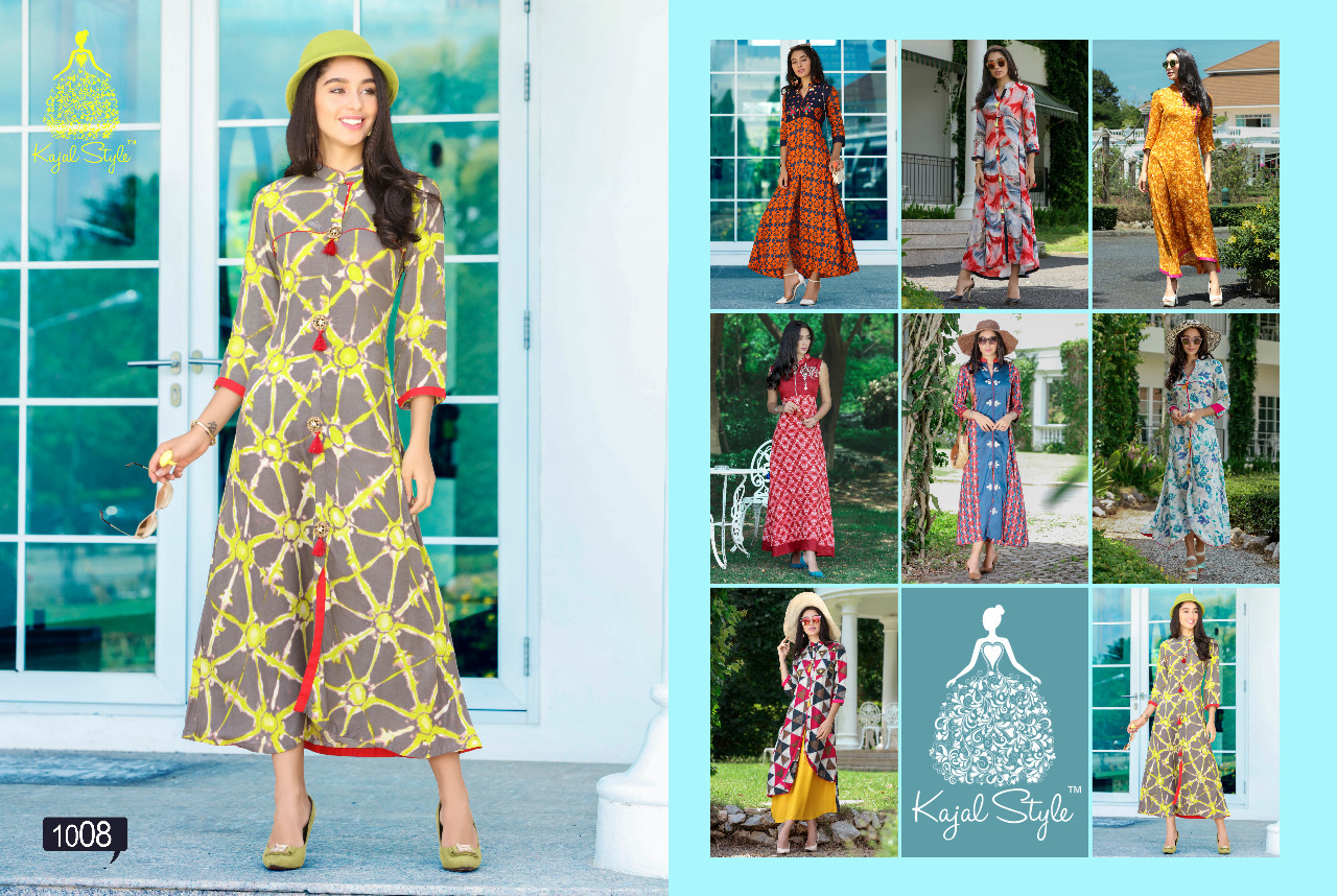 Digital Printed Kurti - Rayon, Customized Sizes From Xxs To Xxxl, Yellow And Blue | Long Sleeve, Ethnic, Washable Daily Wear