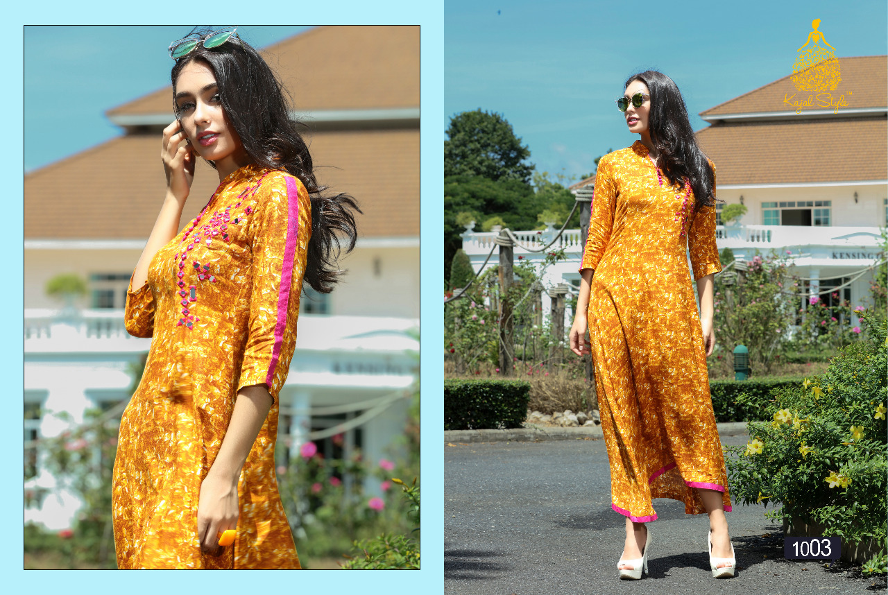 Digital Printed Kurti - Rayon, Customized Sizes From Xxs To Xxxl, Yellow And Blue | Long Sleeve, Ethnic, Washable Daily Wear