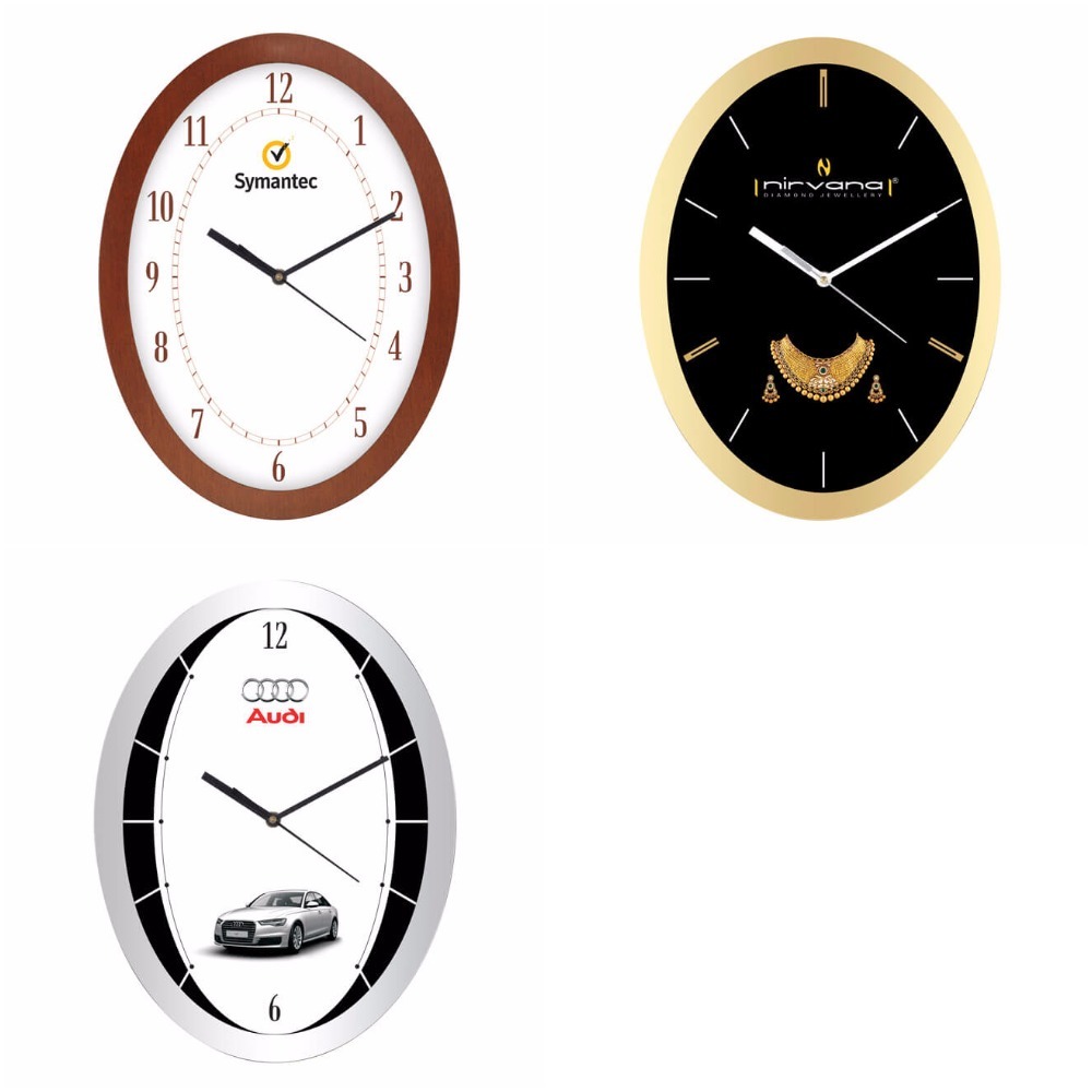 Promotional Wall Clock - Plastic, 9.75"x12.75", Oval Shape, Golden/silver/wooden Finish | Customizable Design, 18-month Warranty, Unisex Appeal